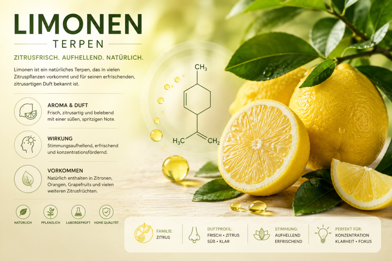 Limonen Terpene
Limonen Terpene erinnert an Zitrusfrüchte und kommt beispielsweise in den Schalen von Zitronen und Orangen vor.
FlowerPowerCBD