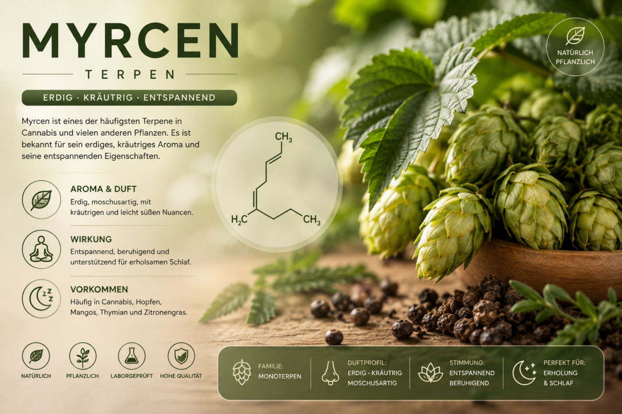 Myrcen Terpene
Myrcen besitzt ein häufig erdiges, krautiges oder leicht würziges Aroma. Es kommt unter anderem in Hopfen, Mango und verschiedenen Kräutern vor.
FlowerPowerCBD