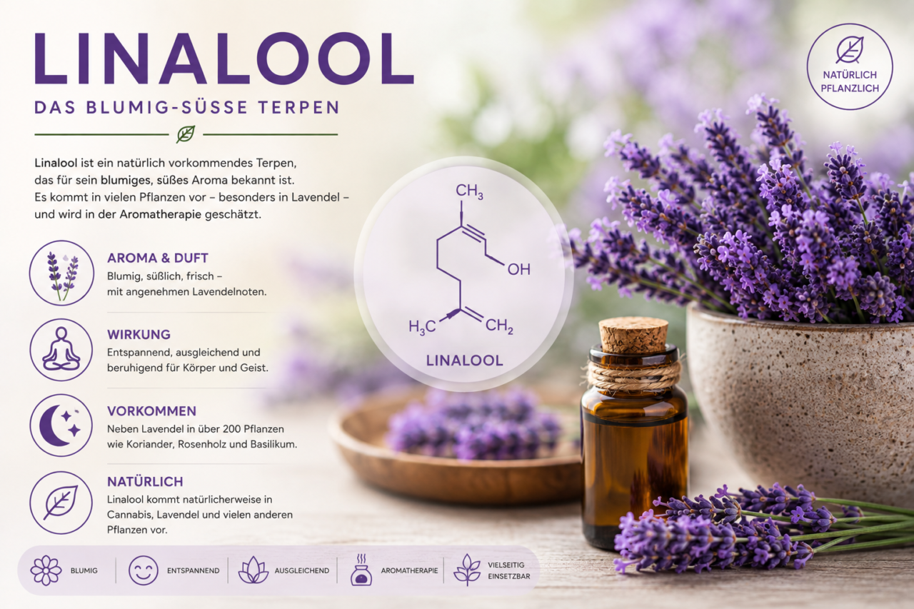 Linalool Terpene
Linalool wird häufig als floral oder lavendelartig beschrieben.
FlowerPowerCBD