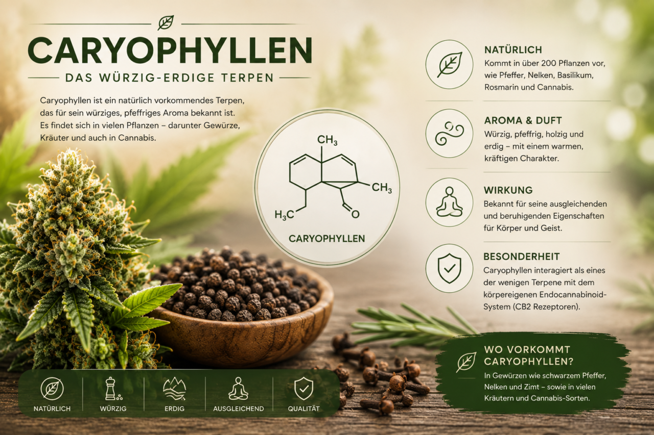 Caryophyllen Terpene
Caryophyllen besitzt meist eine würzige, pfeffrige oder holzige Aromatik.
FlowerPowerCBD