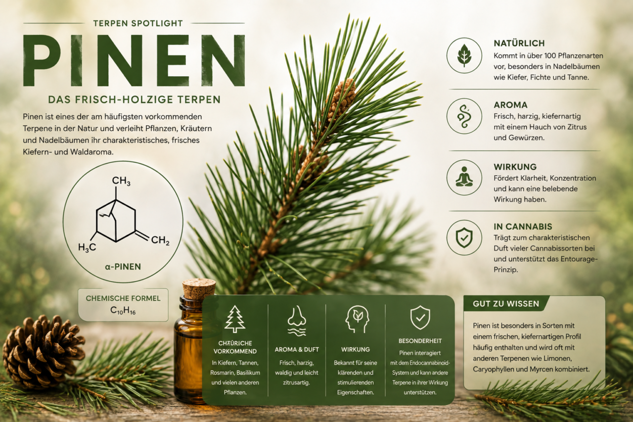 Pinen Terpene
Pinen besitzt ein frisches, harziges und an Nadelwald erinnerndes Aroma.
FlowerPowerCBD