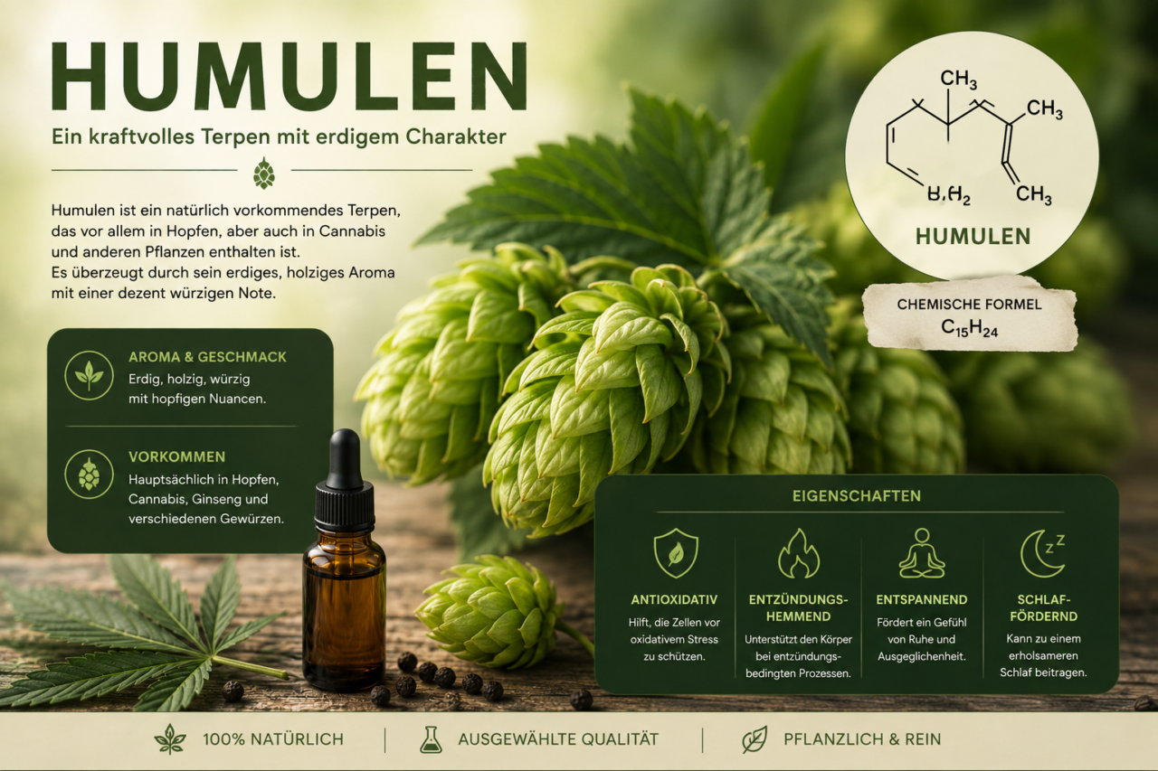 Humulen Terpene
Humulen kann erdig, krautig und hopfenähnlich riechen.
FlowerPowerCBD